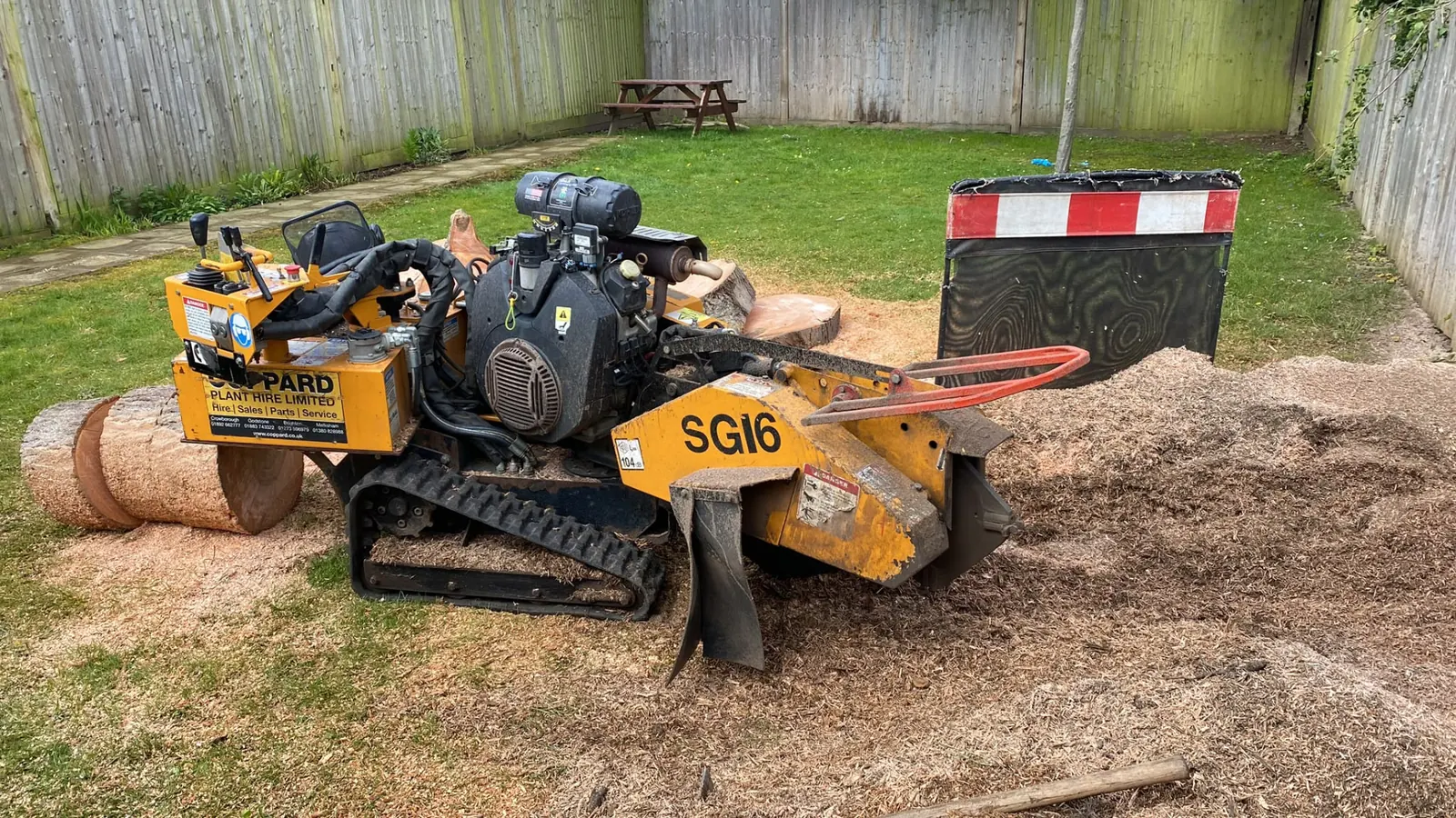 Tracked stump grinder working on a lawn, grinding a tree stump out below ground level